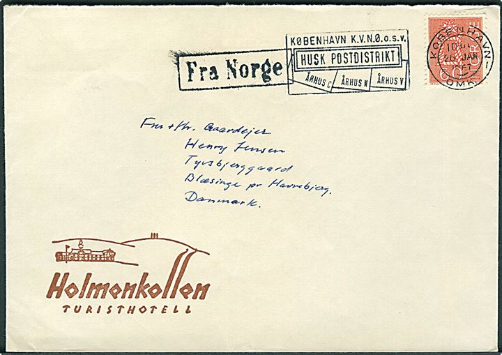 Norsk 60 øre på brev annulleret io København d. 26.1.1967 og sidestemplet Fra Norge til Blæsinge pr. Havrebjerg, Danmark. Bagklap mgl.
