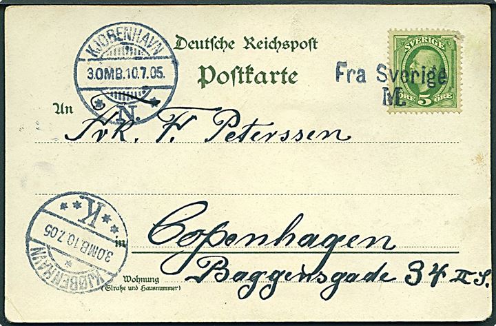 5 öre Oscar på brevkort (Jannowitzbrücke i Berlin) annulleret med skibsstempel Fra Sverige M. og sidestemplet Kjøbenhavn d. 10.7.1905 til København, Danmark.