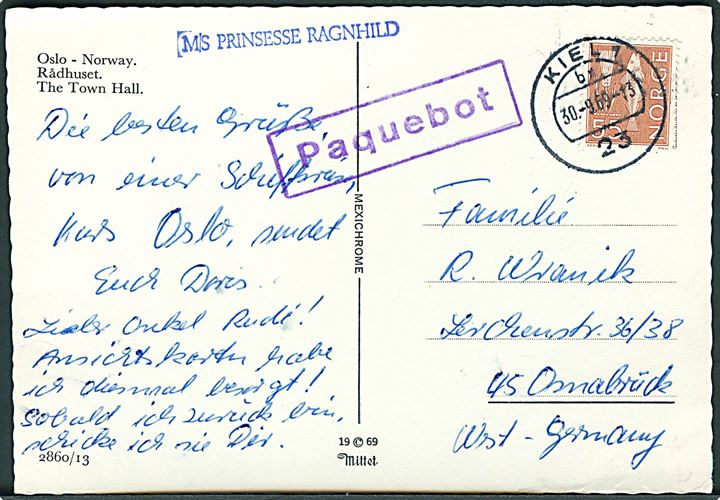 55 øre på brevkort fra Oslo annulleret med tysk stempel i Kiel d. 30.9.1969 og sidestemplet Paquebot til Osnabrück, Tyskland. Privat skibsstempel: M/S Prinsesse Ragnhild.