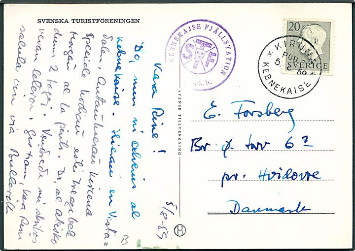 20 öre Gustaf på brevkort stemplet Kiruna POB 2 * Kebnekaise * d. 5.8.1959 til Hvidovre, Danmark.