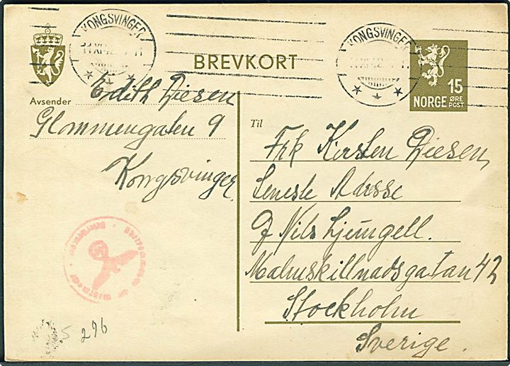 15 øre Løve helsagsbrevkort fra Kongsvinger d. 11.11.1942 til Stockholm, Sverige. Tysk censur.