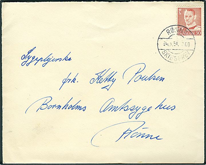 30 øre Fr. IX på brev annulleret med brotype IId Rønne Skibsbrev d. 24.x.1954 til Rønne.