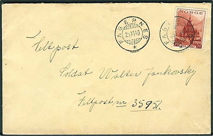 20 øre Turist udg. på brev fra Fagernes d. 23.11.1940 til soldat ved tysk feltpost no. 35951 = 1. Kompanie Nachrichten-Abteilung z.b.V. 635 stationeret i Norge.