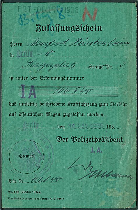 Zulassungsschein for fører af Opel lastvogn i Berlin udstedt d. 14.11.1935. Påsat 3 mk. stempelmærke.
