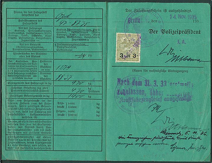 Zulassungsschein for fører af Opel lastvogn i Berlin udstedt d. 14.11.1935. Påsat 3 mk. stempelmærke.