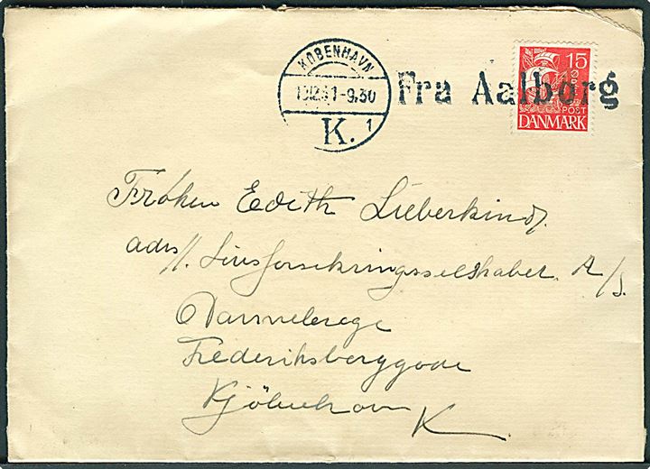 15 øre Karavel på skibsbrev annulleret Fra Aalborg og sidestemplet København K. d. 13.12.1931.