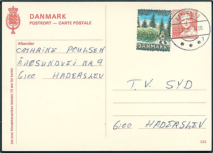 2,80 kr. Margrethe helsagsbrevkort (fabr. 223) med Julemærke 1986 fra Haderslev d. 2.12.1986 til Haderslev.