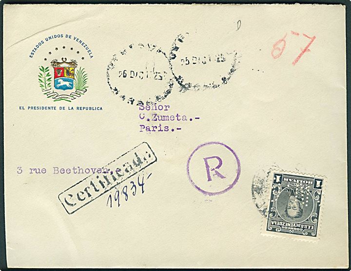 1 b. Bolivar med perfin G.N. på anbefalet tjenestebrev med svagt stempel ca. 1961 til Paris, Frankrig.