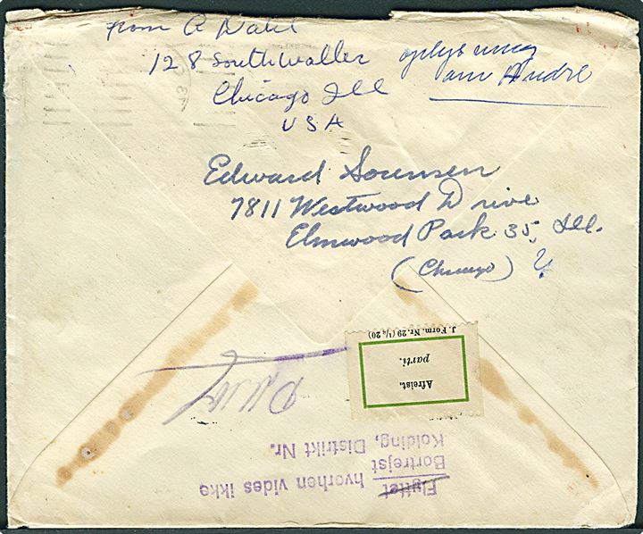 5 cents på brev fra Chicago d. 19.12.1952 til Kolding, Danmark. Retur via returpostkontoret med 2-sproget etiket - formular J. Form Nr. 29 (1/8 20) Afreist. / parti. Sen anvendelse af etiket fremstillet i 1920. Krøllet i overkanten.