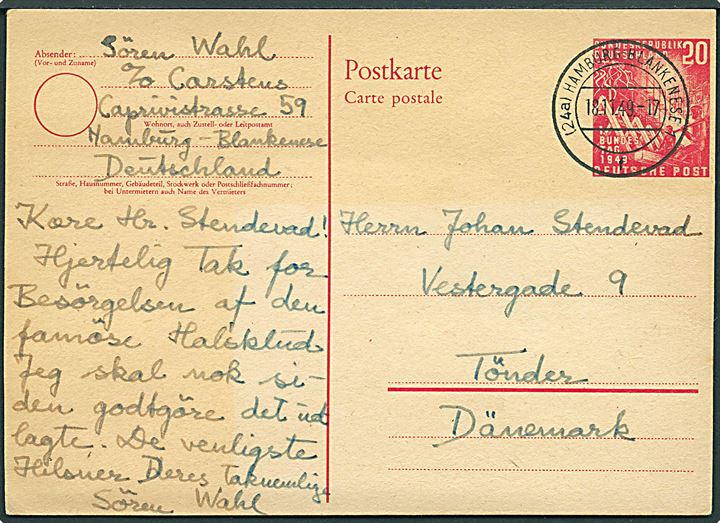 20 pfg. Bundestag helsagsbrevkort fra Hamburg - Blankensee d. 18.11.1948 til Tønder, Danmark. Let skjold.