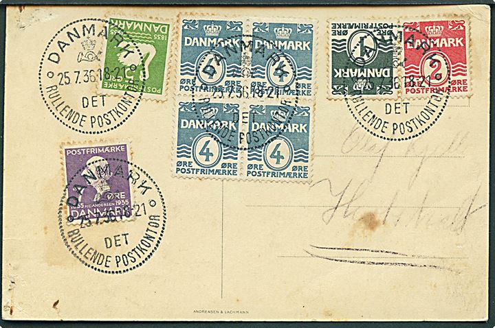 Blandingsfrankeret brevkort annulleret med særstempel Danmark * Det Rullende Postkontor * d. 25.7.1936 til ?. Det rullende Postkontor var opstillet i dagene 24.-25.7.1936 i forbindelse med dyreskue. Lidt nusset.