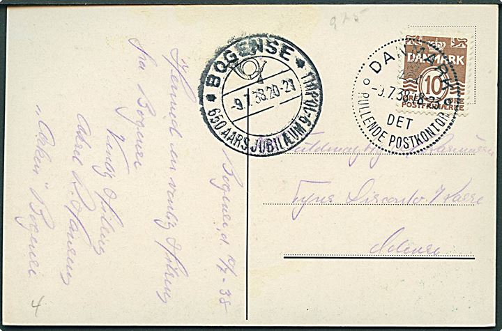 10 øre Bølgelinie på brevkort annulleret med særstempel Danmark * Det Rullende Postkontor * d. 9.7.1938 til Odense. Det rullende Postkontor var opstillet i Bogense i dagene 9.-10.7.1938 i forbindelse med byjubilæum.