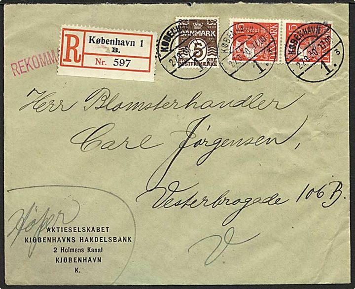 5 øre Bølgelinie og 15 øre Karavel i par på anbefalet lokalbrev stemplet København 1 d. 27.8.1930