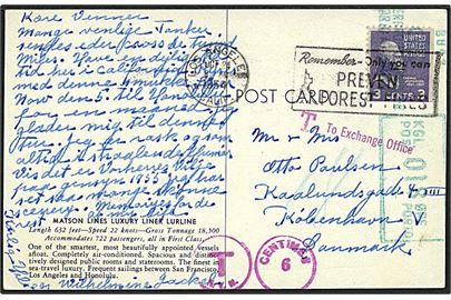 Amerikansk 3 cents  Washington på underfrankeret brevkort (M/S Lurline) fra Los Angeles d. 24.10.1954 til København, Danmark. Udtakseret i 18 øre dansk porto med grønt portostempel.