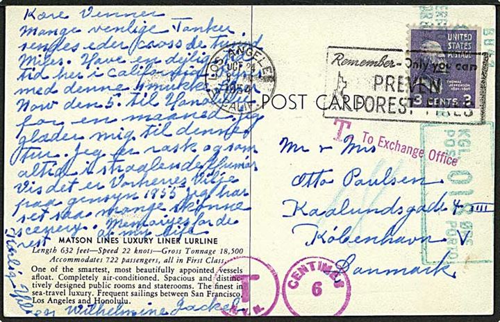 Amerikansk 3 cents  Washington på underfrankeret brevkort (M/S Lurline) fra Los Angeles d. 24.10.1954 til København, Danmark. Udtakseret i 18 øre dansk porto med grønt portostempel.