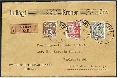 10 øre brun bølgelinie, 15 øre rød karavel og 50 øre grå Chr. X på værdibrev fra Odense d. 1.8.1938 til Sønderborg.