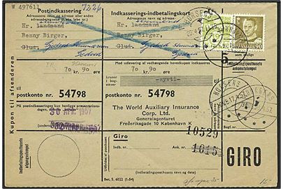 12 øre lysegrøn bølgelinie og 90 øre oliven Fr. IX på indbetalingskort fra København d. 19.4.1957 til Glud. Omadresseret til Gedved.