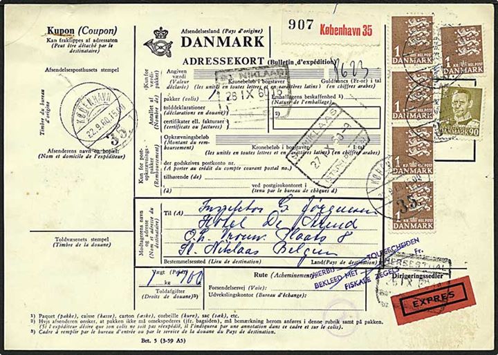 90 øre oliven Fr. IX og 1 kr. brun rigsvåben på expres internationalt adressekort fra København d. 22.9.1960 til St. Niklaas, Belgien.