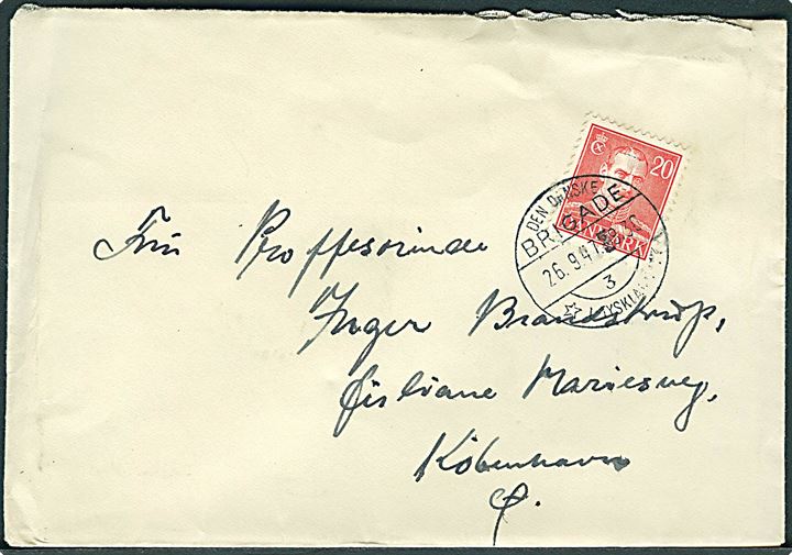 20 øre Chr. X på brev stemplet Den danske Brigade / 3 / * i Tyskland d. 26.9.1947 til København. Fra den danske forlægning i Aurich.