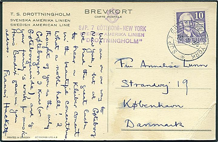 10 öre Swedenborg på brevkort (S/S Drottningholm) annulleret med skibsstempel SJP 7 Göteborg - New York d. 16.3.1939 til København, Danmark. 
