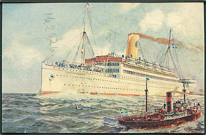 10 öre Swedenborg på brevkort (S/S Drottningholm) annulleret med skibsstempel SJP 7 Göteborg - New York d. 16.3.1939 til København, Danmark. 