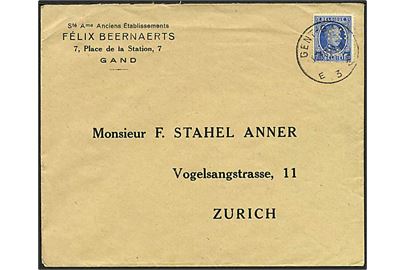 1,75 fr. Albert I med perfin FB (Felix Beernaerts) på brev fra Gent d. 17.10.1929 til Zürich, Schweiz.
