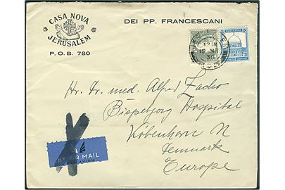 10 mills og 15 mills på luftpostbrev fra Jerusalem d. 19.3.1938 til København, Danmark. Luftpost-etiket annulleret med sort kryds-stempel.