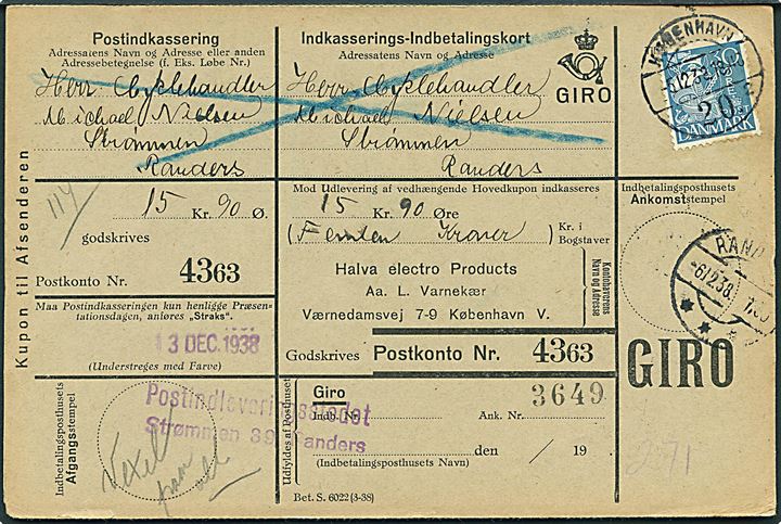 30 øre Karavel på retur Indkasserings-Indbetalingskort fra København d. 5.12.1938 til Strømmen pr. Randers. Violet stempel: Postindleveringsstedet Strømmen 39 Randers.