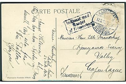Brevkort med affaldet frimærke (Fort Ilet, Port au Prince, Haiti) dateret Petit-Goâve d. 23.2.1913 stemplet Kjøbenhavn - Korsør d. 12.3.1913 og rammestempel Indgaaet med Mangel af Frimærke til København, Danmark.