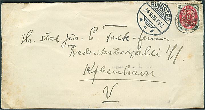 8 øre Tofarvet på brev annulleret med stjernestempel MERLØSE og sidestemplet Ringsted d. 24.9.1899 til København.