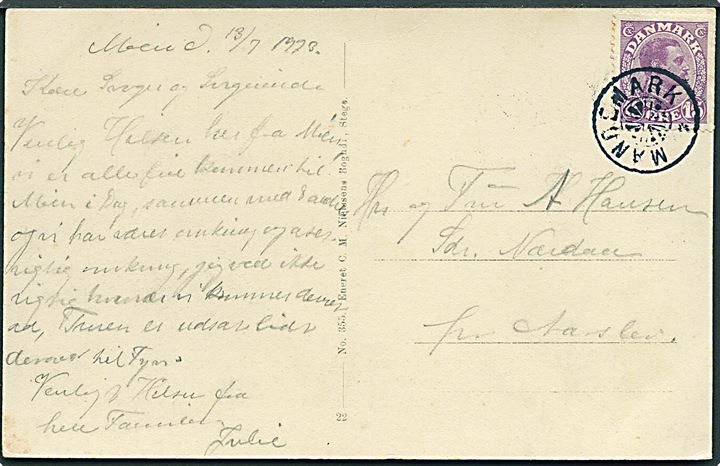 15 øre Chr. X på brevkort dateret d. 18.7.1923 annulleret med stjernestempel MANDEMARK til Sdr. Næraa pr. Aarslev.