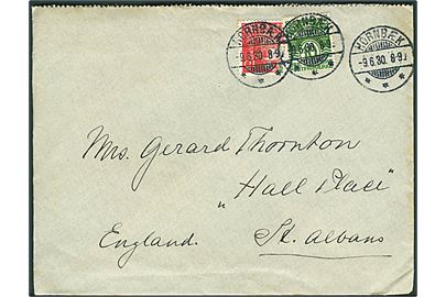 10 øre Bølgelinie og 15 øre Karavel på brev annulleret med brotype Ic Hornbæk d. 9.6.1930 til St. Albans, England.