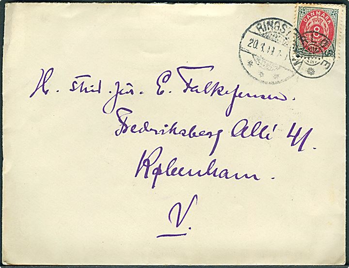 8 øre Tofarvet omv. rm. på brev annulleret med stjernestempel MERLØSE og sidestemplet Ringsted d. 28.8.1900 til København.