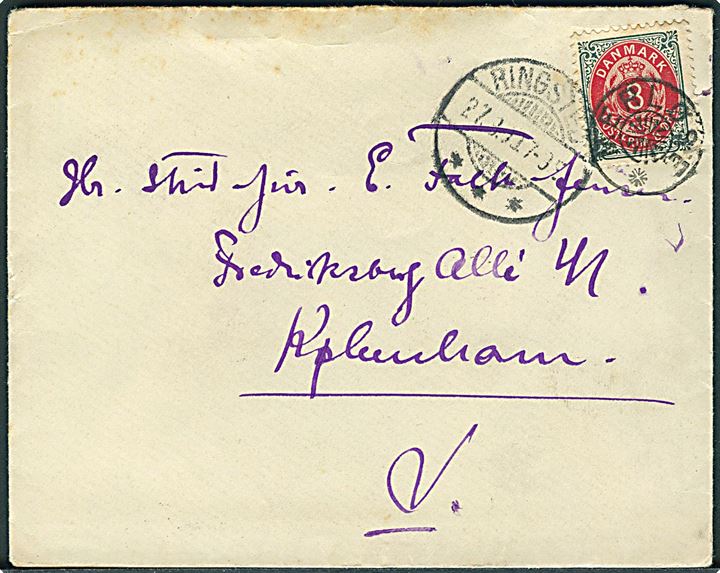 8 øre Tofarvet omv. rm. på brev annulleret med stjernestempel MERLØSE og sidestemplet Ringsted d. 27.8.1900 til København.