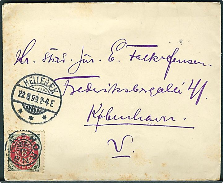 8 øre Tofarvet på brev annulleret med stjernestempel HORNBÆK og sidestemplet Hellebæk d. 22.8.1899 til København.