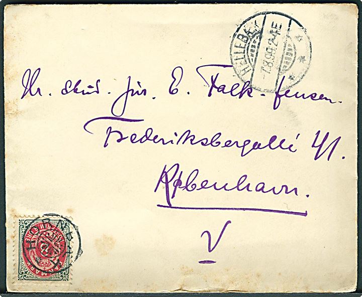 8 øre Tofarvet omv. rm. på brev annulleret med stjernestempel HORNBÆK og sidestemplet Hellebæk d. 7.8.1899 til København.
