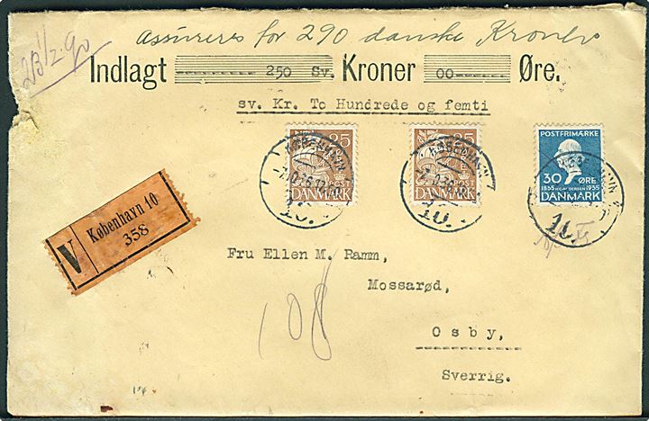 25 øre Karavel (2) og 30 øre H.C.Andersen på værdibrev fra København d. 7.10.1936 til Osby, Sverige. Mindre skade i venstre side.
