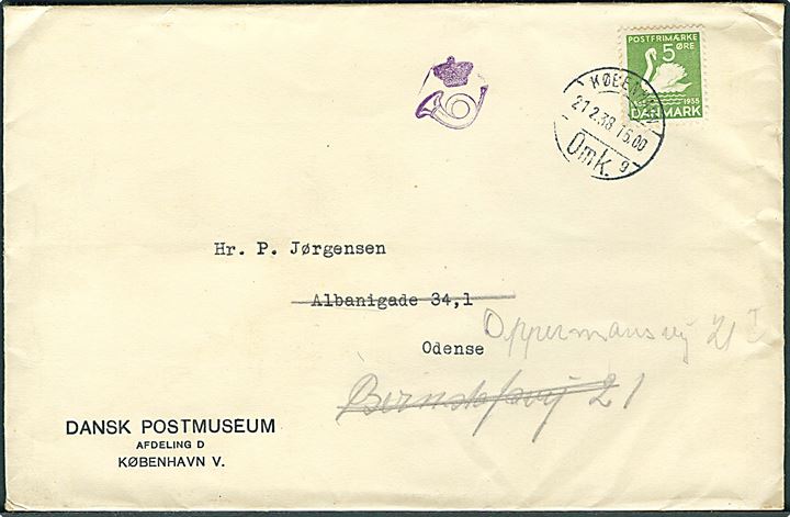 5 øre H.C.Andersen på tryksag fra København d. 21.2.1938 til Odense. Violet kronet posthorn (tryksagskontrol) stempel.