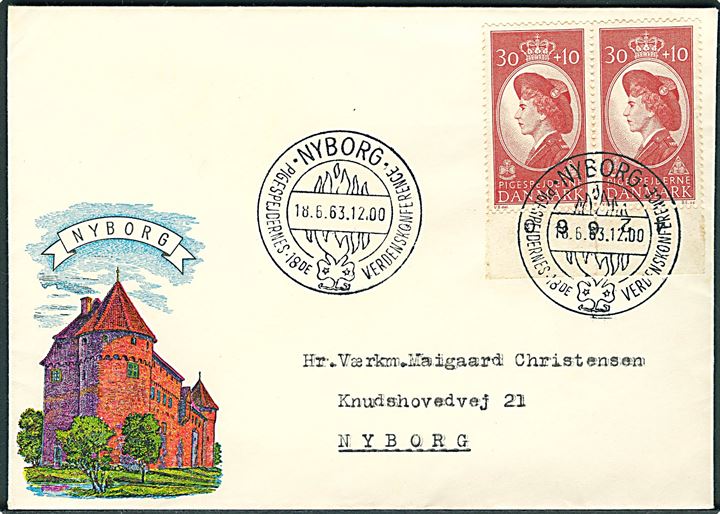 30+10 øre Spejder jubilæum i parstykke på illustreret kuvert annulleret med spejder stempel Nyborg Pigespejdernes 18de Verdenskonference d. 18.6.1963 til Nyborg.