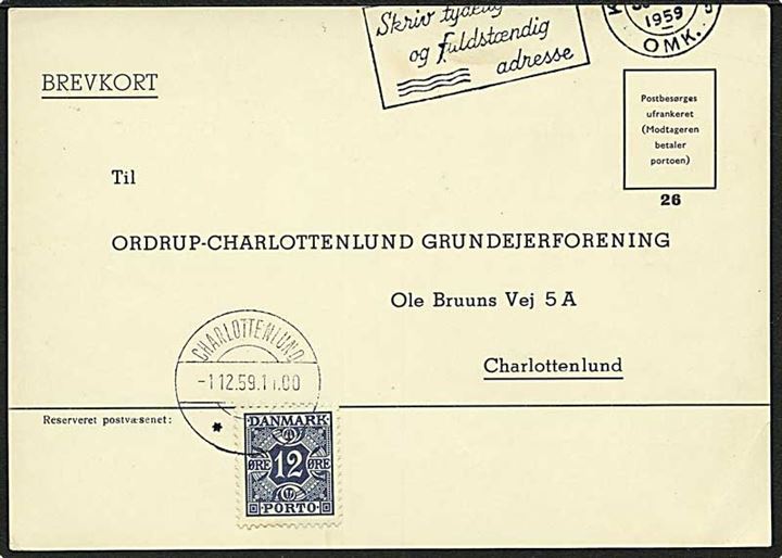 Ufrankeret svarbrevkort fra København d. 30.11.1959 til Charlottenlund. Udtakseret i enkelt porto og påsat 12 øre Portomærke stemplet Charlottenlund d. 1.12.1959