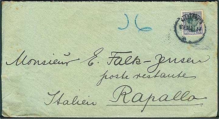 40 øre Chr. X single på brev fra Kjøbenhavn d. 6.8.1922 til poste restante i Rapallo, Italien. Kuvert og stempel lidt nusset.