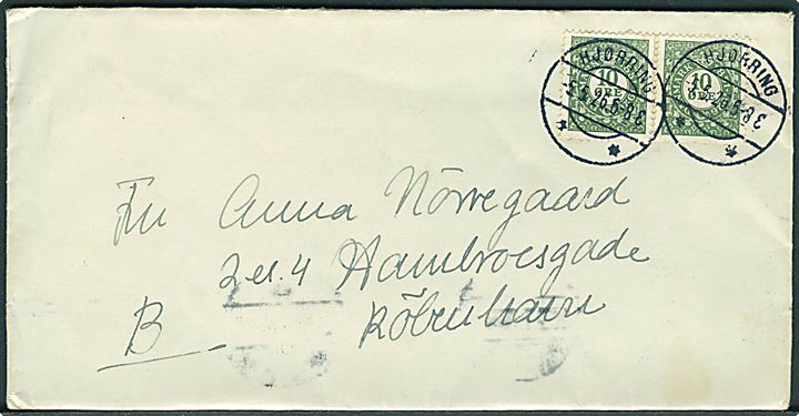 10 øre Frimærkejubilæum i parstykke på brev fra Hjørring d. 5.5.1926 til København.