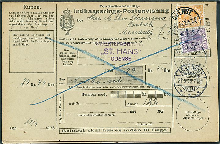 15 øre og 30 øre Chr. X på retur Indkasserings-Postanvisning fra Odense d. 19.9.1922 til Assendrup.