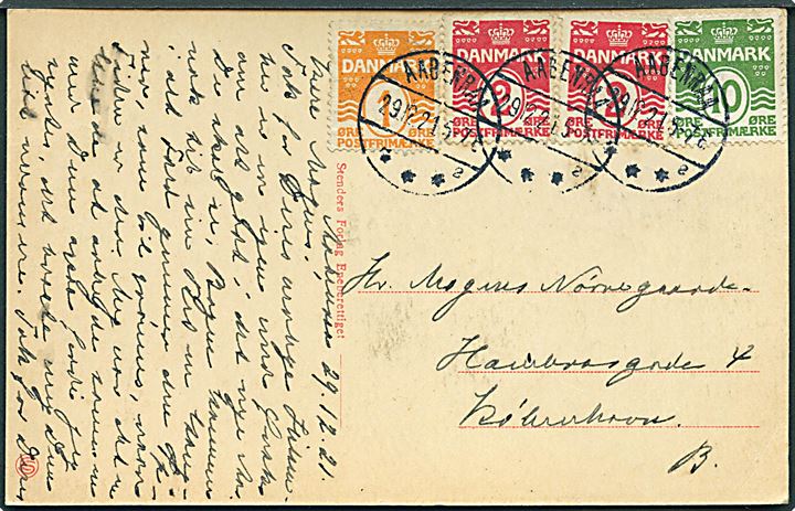 1 øre, 2 øre (2) og 10 øre Bølgelinie på brevkort annulleret med brotype IVb Aabenraa sn2 d. 29.12.1921 til København.