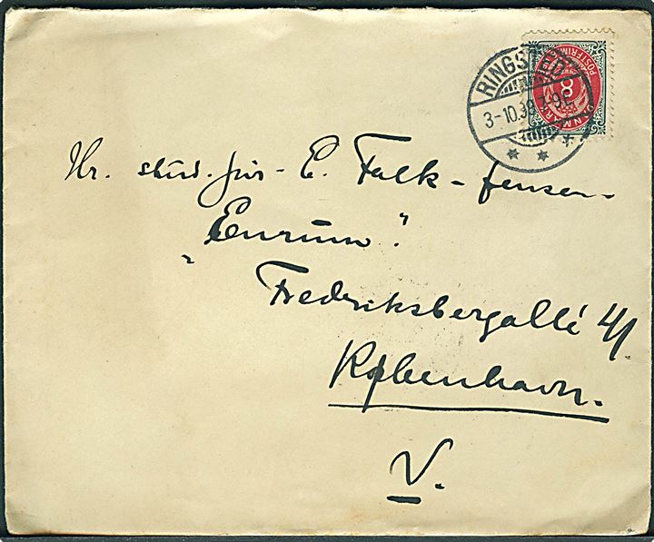 8 øre Tofarvet omv. rm. på brev fra Ringsted d. 3.10.1898 til København.