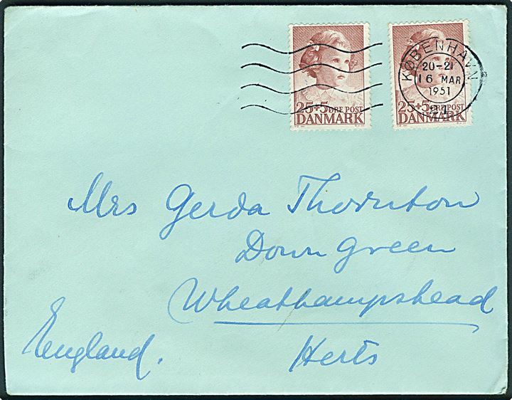 25+5 øre Børneforsorg (2) på brev fra København d. 16.3.1951 til Weathampstead, England.