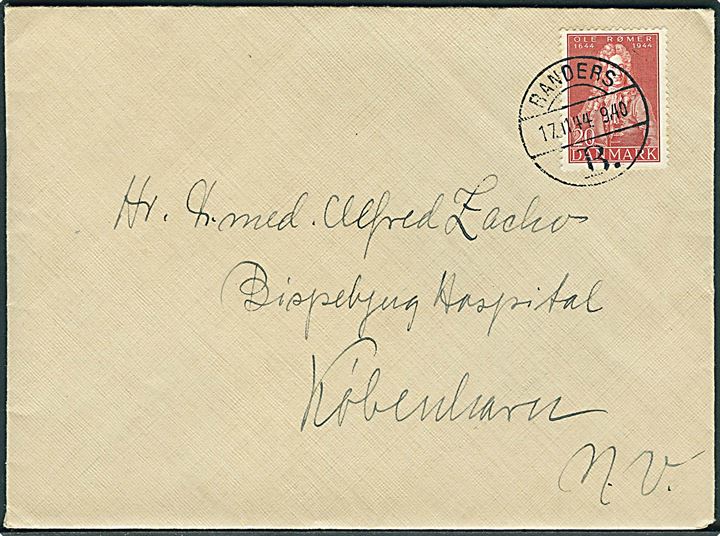 20 øre Ole Rømer på brev annulleret med brotype Vd Randers B. d. 17.11.1944 til København.