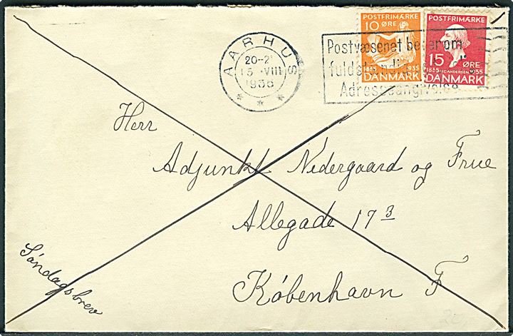 10 øre og 15 øre H.C.Andersen på søndagsbrev fra Aarhus d. 15.8.1936 til København.