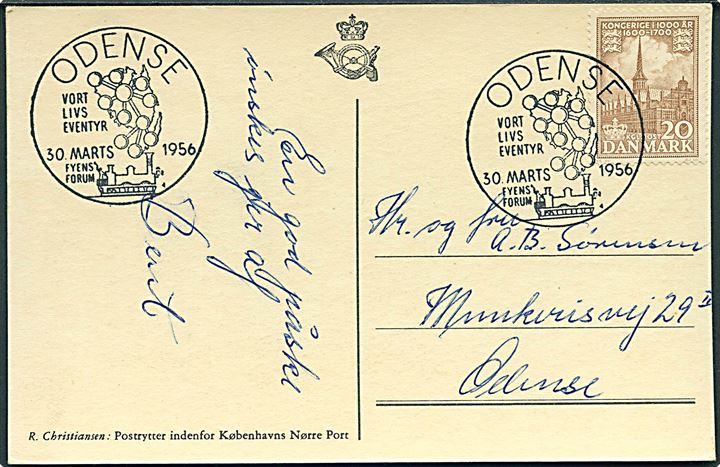 20 øre 1000 års udg. på brevkort annulleret med særstempel Odense Vort livs eventyr Fyns Forum d. 30.3.1956 til Odense.