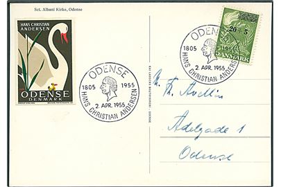 20+5/15+5 øre Provisorium på brevkort annulleret med særstempel Odense Hans Christian Andersen 1905-1955 d. 2.4.1955 til Odense.